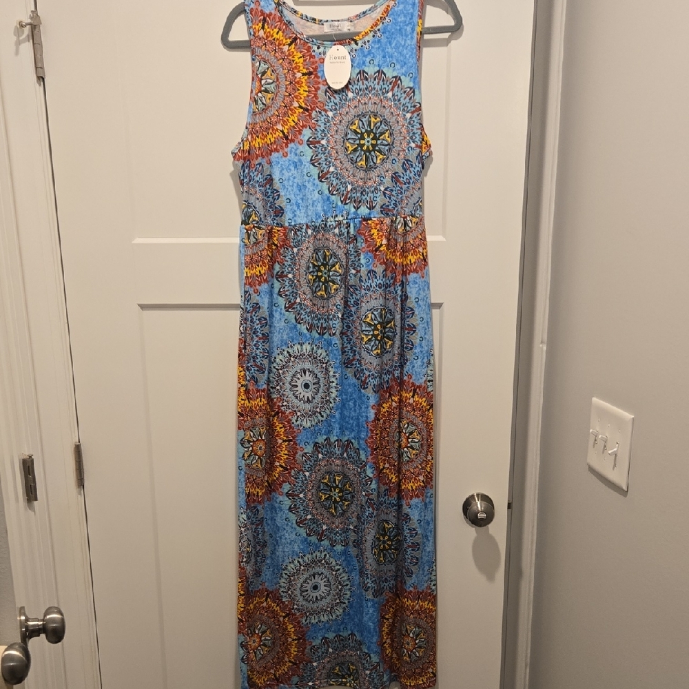 NWT Sleeveless Blue and Orange Maxi Dress